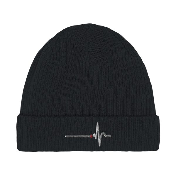 Awake and Asleep organic beanie by Casual Clash in black with horizontal line, sharp peak, and a red diamond