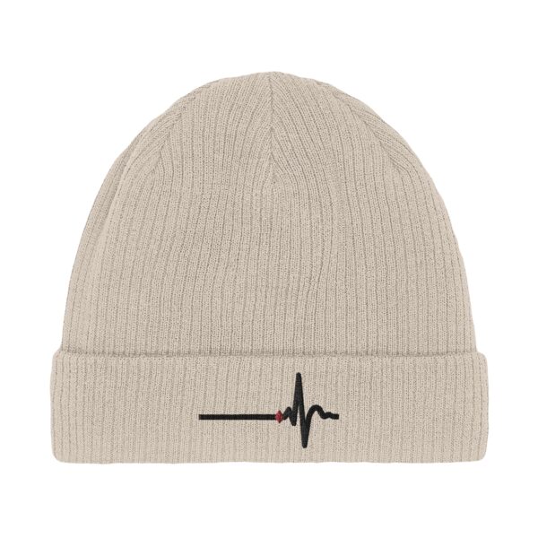 Awake and Asleep organic beanie by Casual Clash in sand with horizontal line, sharp peak, and a red diamond
