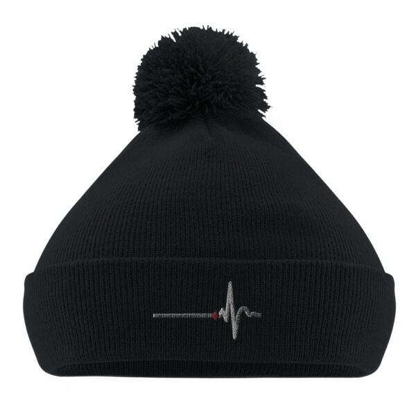 Awake and Asleep pom pom beanie by Casual Clash in black with horizontal line, sharp peak, and a red diamond