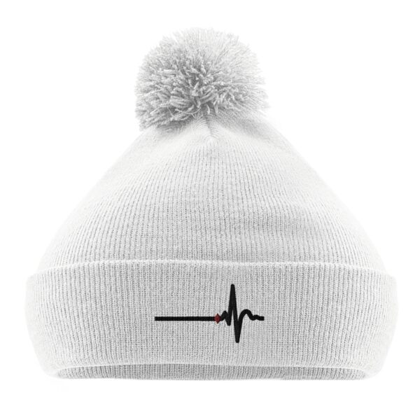 Awake and Asleep pom pom beanie by Casual Clash in white with horizontal line, sharp peak, and a red diamond