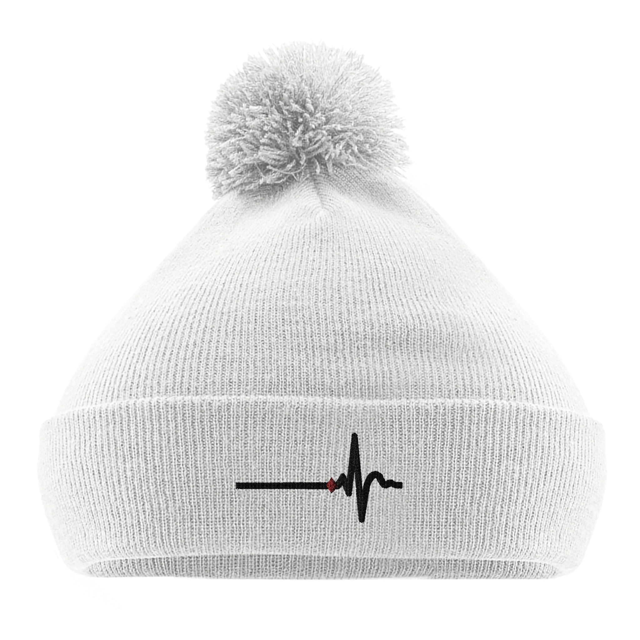 Awake and Asleep pom pom beanie by Casual Clash in white with horizontal line, sharp peak, and a red diamond