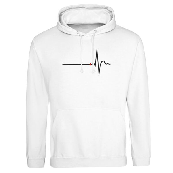 Awake and Asleep pullover hoodie by Casual Clash in arctic white with horizontal line, sharp peak, and a red diamond