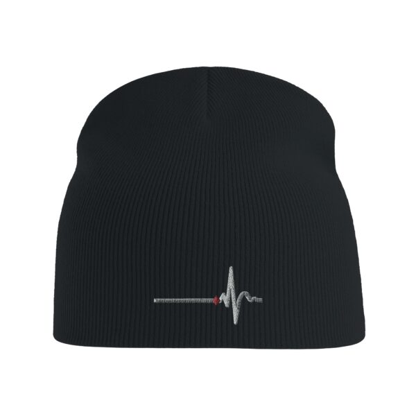 Awake and Asleep recycled beanie by Casual Clash in black with horizontal line, sharp peak, and a red diamond