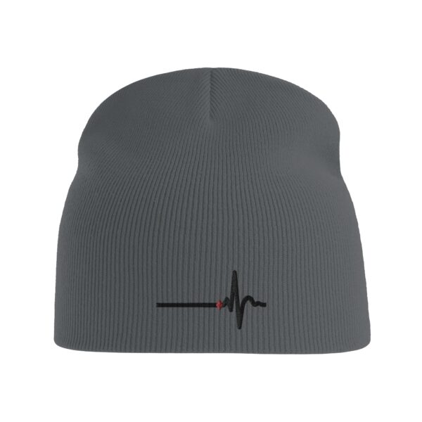 Awake and Asleep recycled beanie by Casual Clash in graphite grey with horizontal line, sharp peak, and a red diamond