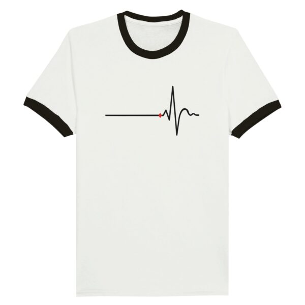 Awake and Asleep ringer T-shirt by Casual Clash in white with black collar, horizontal line, sharp peak, and a red diamond