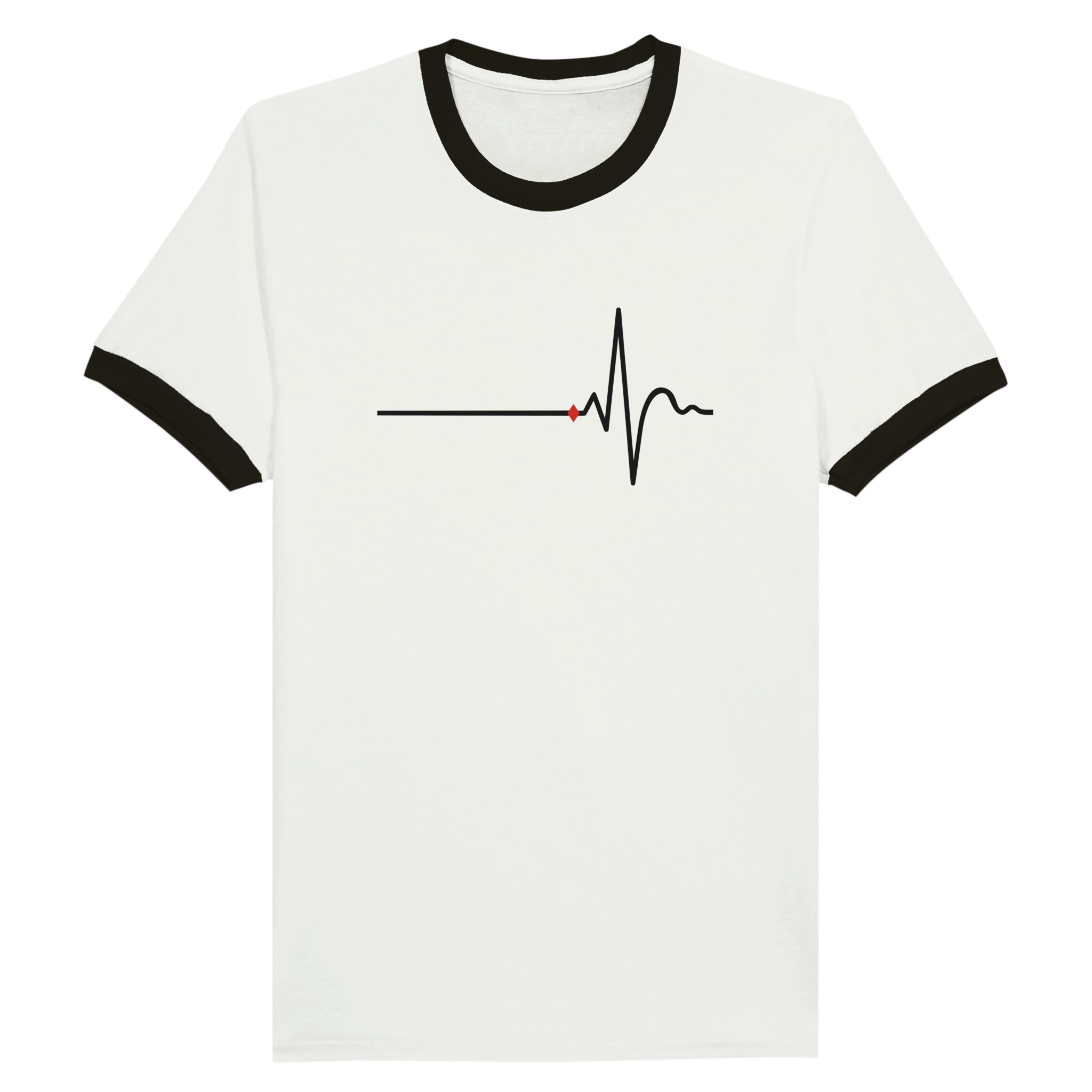 Awake and Asleep ringer T-shirt by Casual Clash in white with black collar, horizontal line, sharp peak, and a red diamond