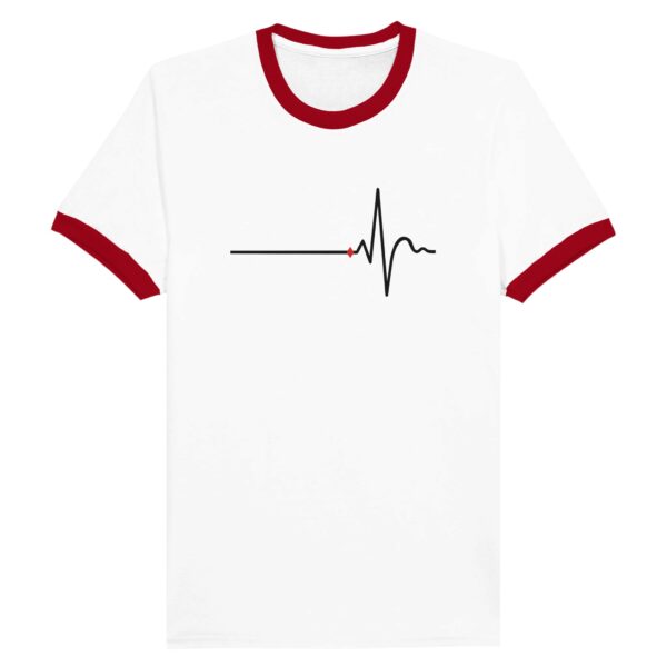Awake and Asleep ringer T-shirt by Casual Clash in white with black collar, horizontal line, sharp peak, and a red diamond