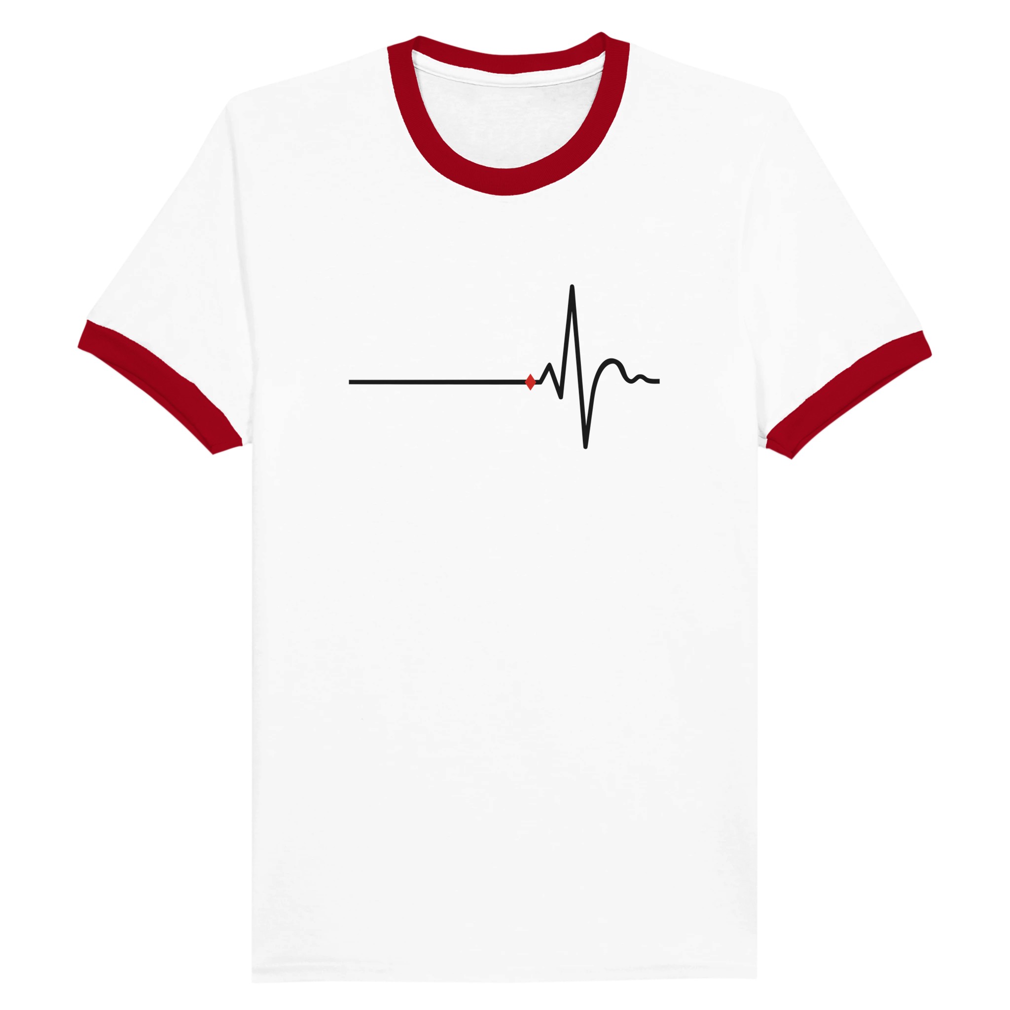 Awake and Asleep ringer T-shirt by Casual Clash in white with black collar, horizontal line, sharp peak, and a red diamond
