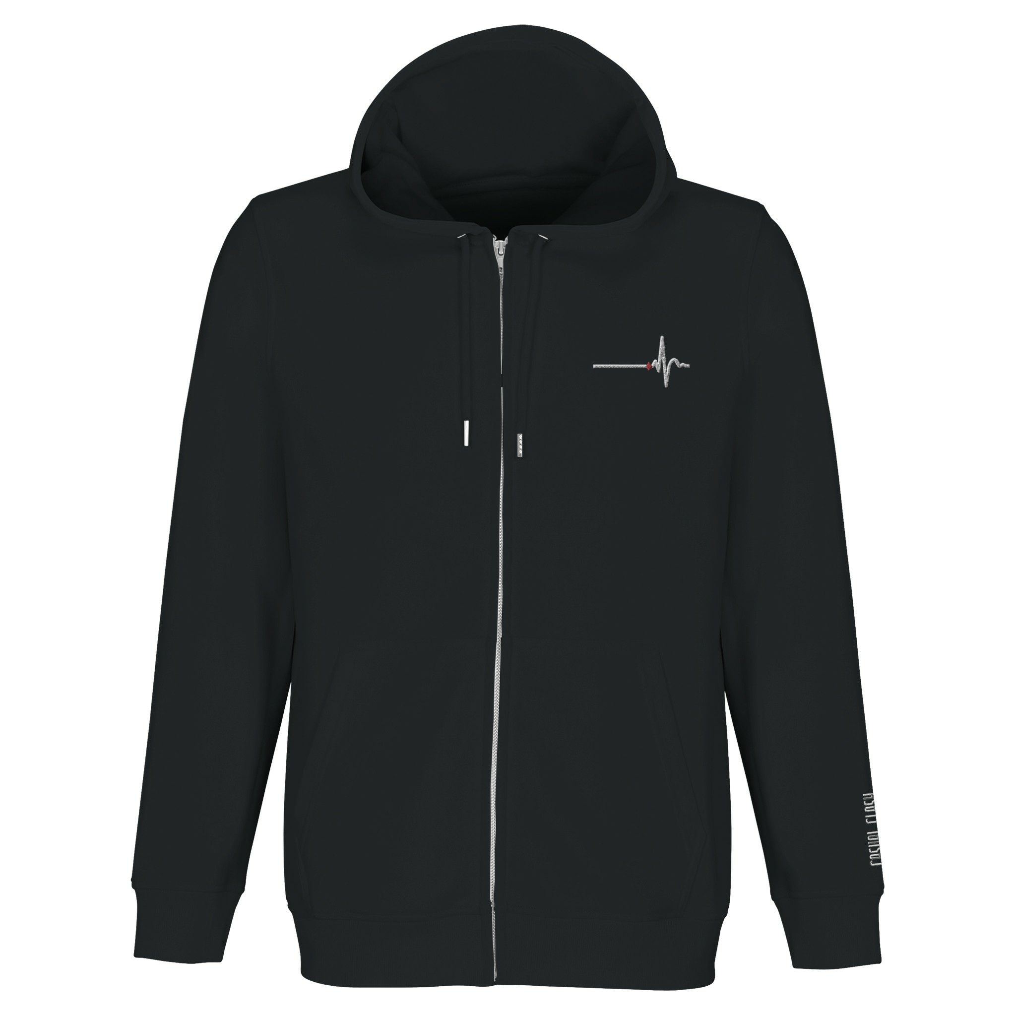 Awake and Asleep zip hoodie by Casual Clash in black with small horizontal line, sharp peak, and a red diamond