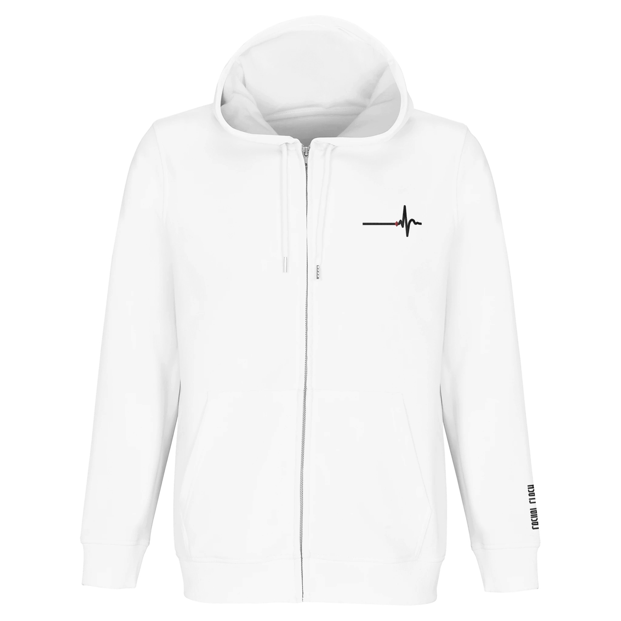 Awake and Asleep zip hoodie by Casual Clash in white with small horizontal line, sharp peak, and a red diamond