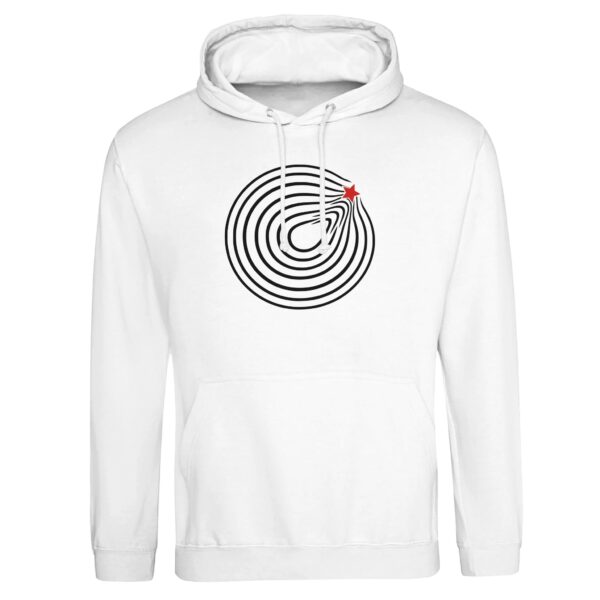 Comfort and Growth pullover hoodie by Casual Clash in arctic white with circular lines and a red star