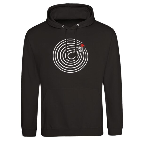 Comfort and Growth pullover hoodie by Casual Clash in deep black with circular lines and a red star
