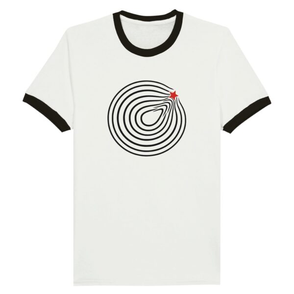 Comfort and Growth ringer T-shirt by Casual Clash in white with black collar, circular lines and a red star