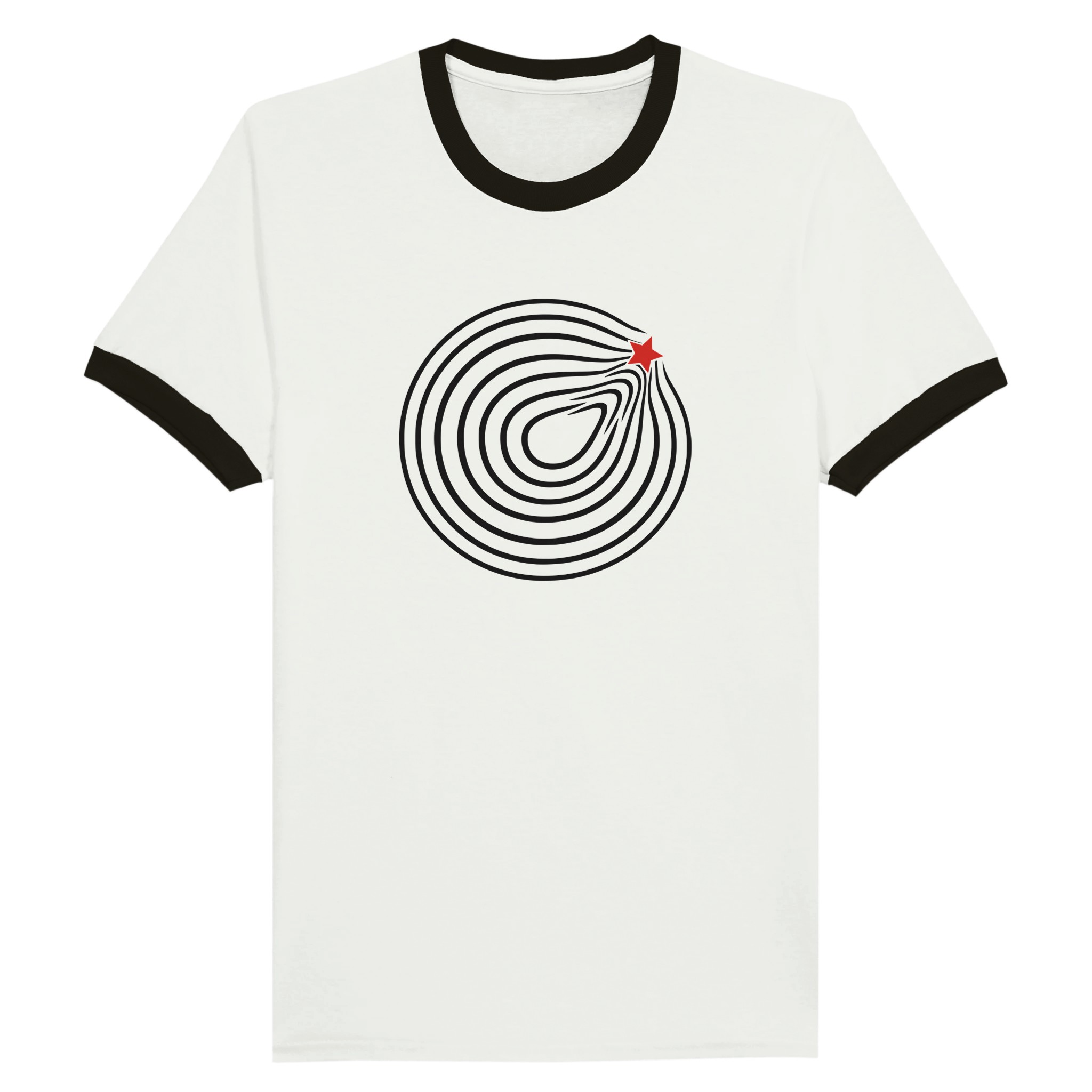 Comfort and Growth ringer T-shirt by Casual Clash in white with black collar, circular lines and a red star
