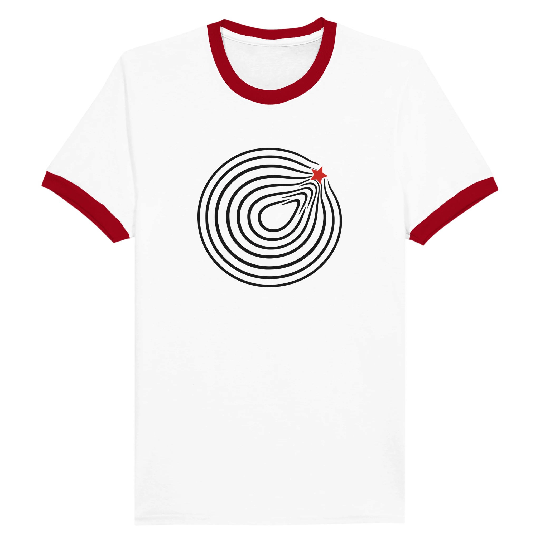 Comfort and Growth ringer T-shirt by Casual Clash in white with red collar, circular lines and a red star