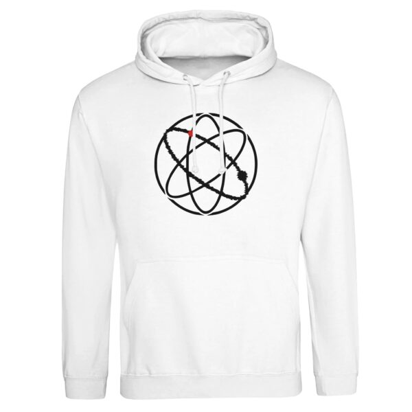 Ego and Awareness pullover hoodie by Casual Clash in arctic white with black ovals and a red circle