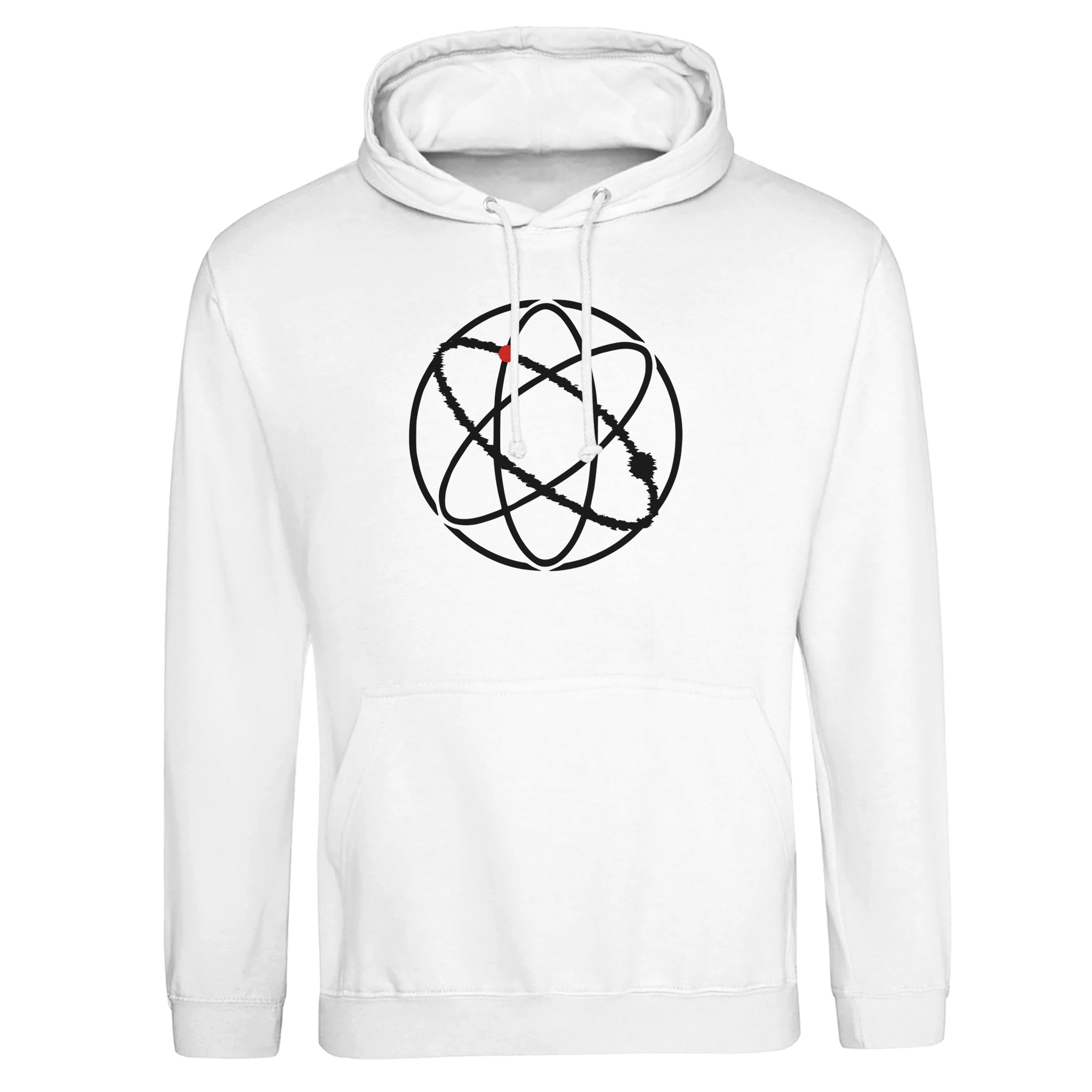 Ego and Awareness pullover hoodie by Casual Clash in arctic white with black ovals and a red circle