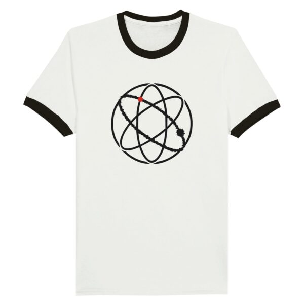 Ego and Awareness ringer T-shirt by Casual Clash in white with black collar, black ovals and a red circle