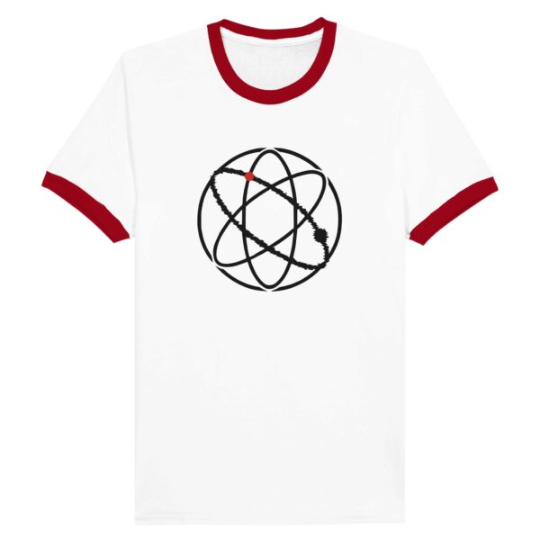 Ego and Awareness ringer T-shirt by Casual Clash in white with red collar, black ovals and a red circle