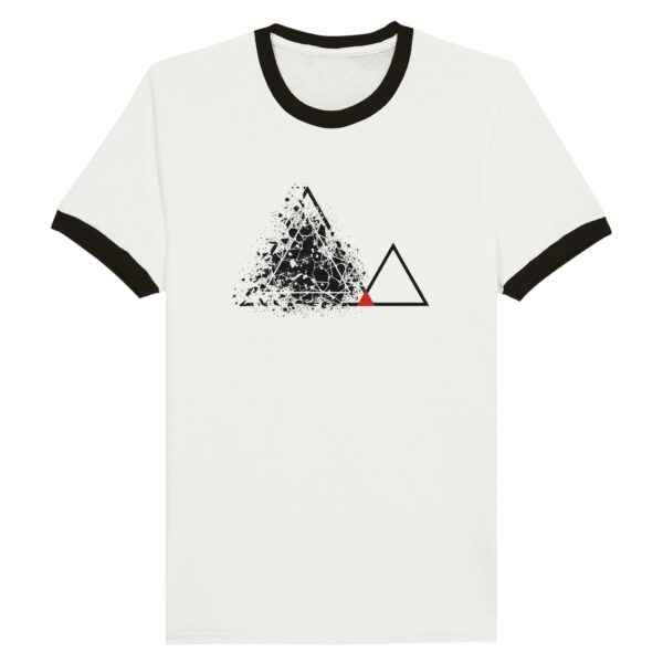Fear and Courage ringer T-shirt by Casual Clash in white with black collar, fractured and clean triangles