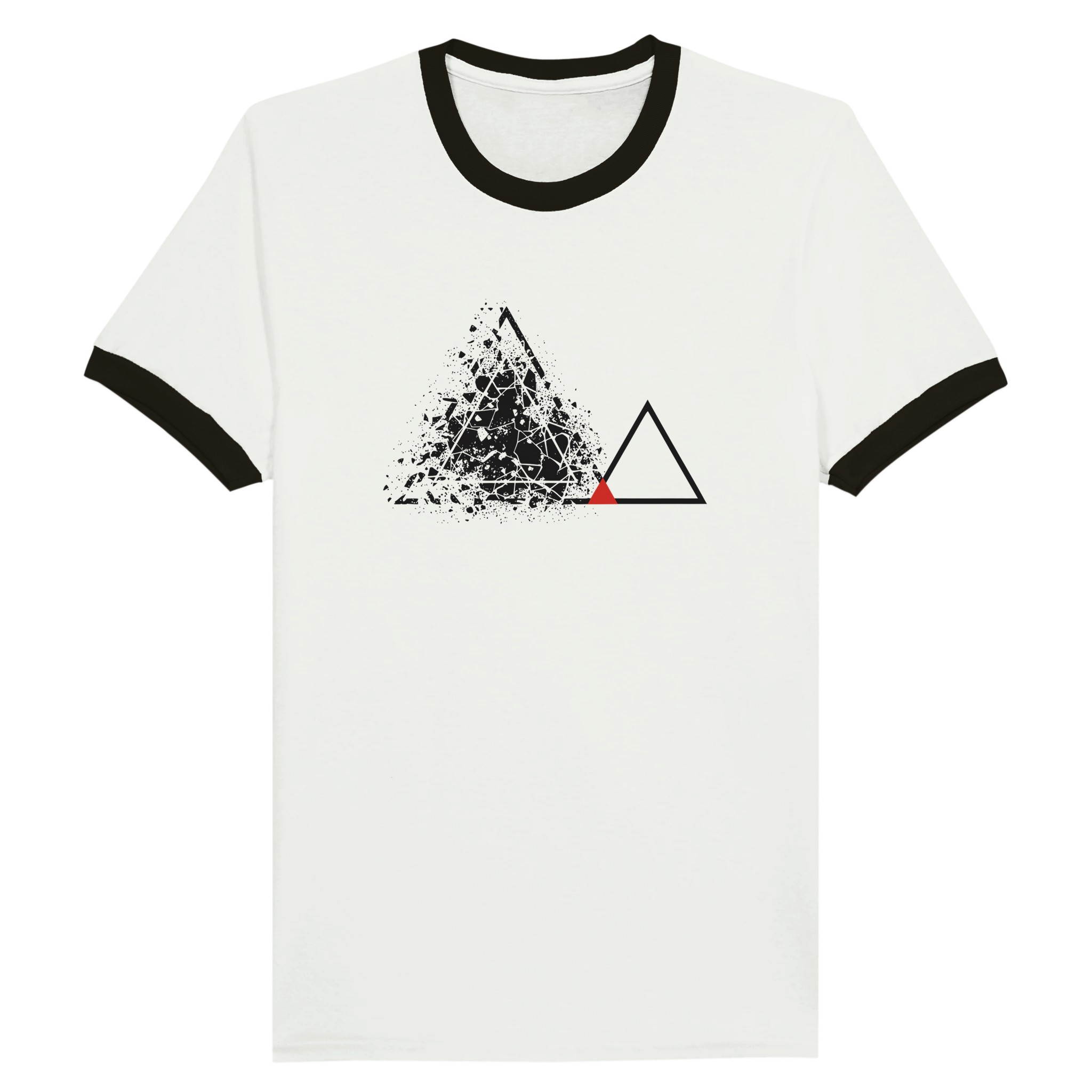 Fear and Courage ringer T-shirt by Casual Clash in white with black collar, fractured and clean triangles