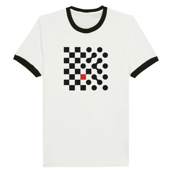 Logic and Emotion ringer T-shirt by Casual Clash in white with black collar and grid of squares and circles