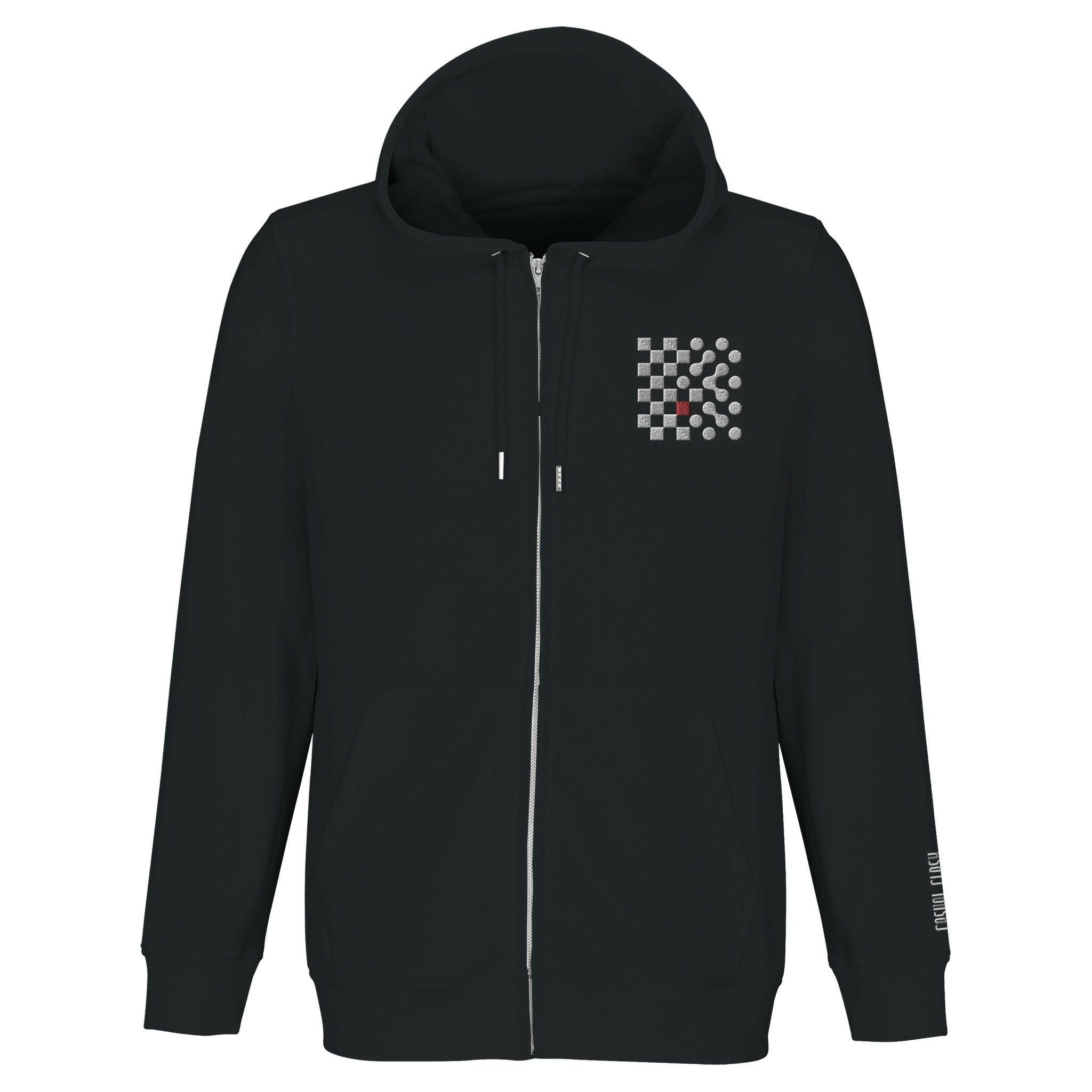 Logic and Emotion zip hoodie by Casual Clash in black with small grid of squares and circles