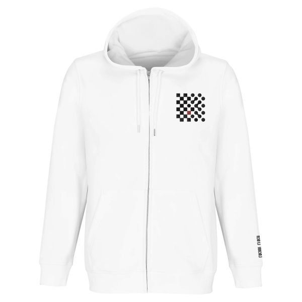 Logic and Emotion zip hoodie by Casual Clash in white with small grid of squares and circles