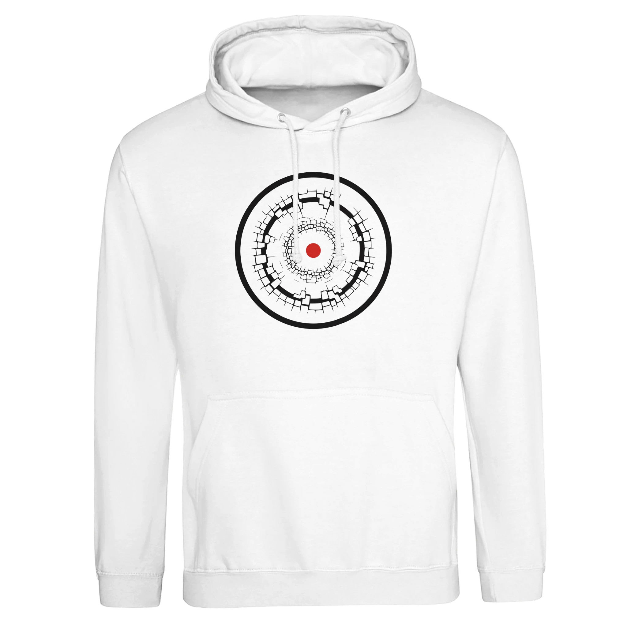 Old Self and New Self pullover hoodie by Casual Clash in arctic white with fractured and clean rings and a red circle
