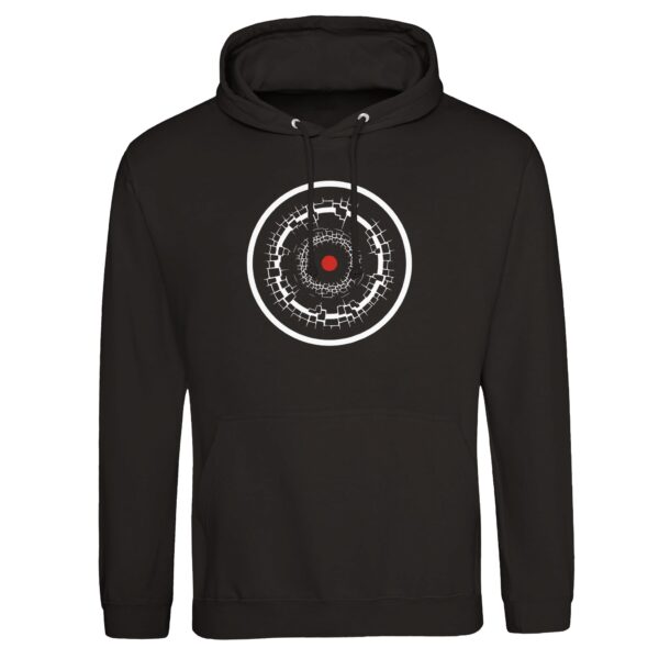 Old Self and New Self pullover hoodie by Casual Clash in deep black with fractured and clean rings and a red circle