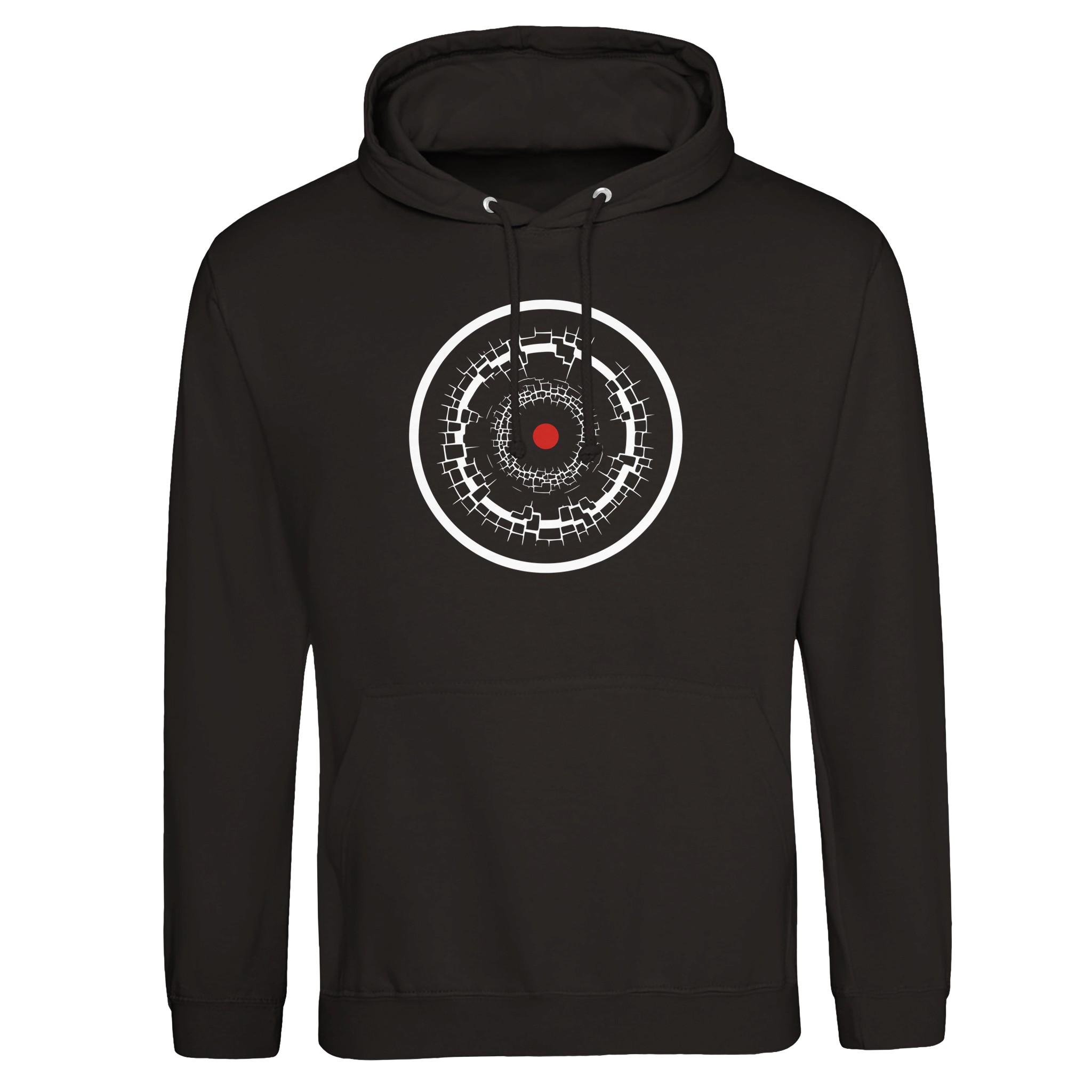 Old Self and New Self pullover hoodie by Casual Clash in deep black with fractured and clean rings and a red circle