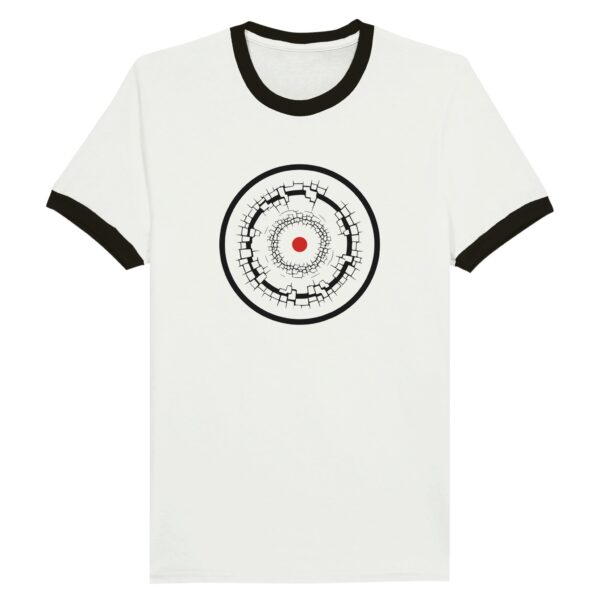 Old Self and New Self ringer T-shirt by Casual Clash in white with black collar, fractured and clean rings and a red circle