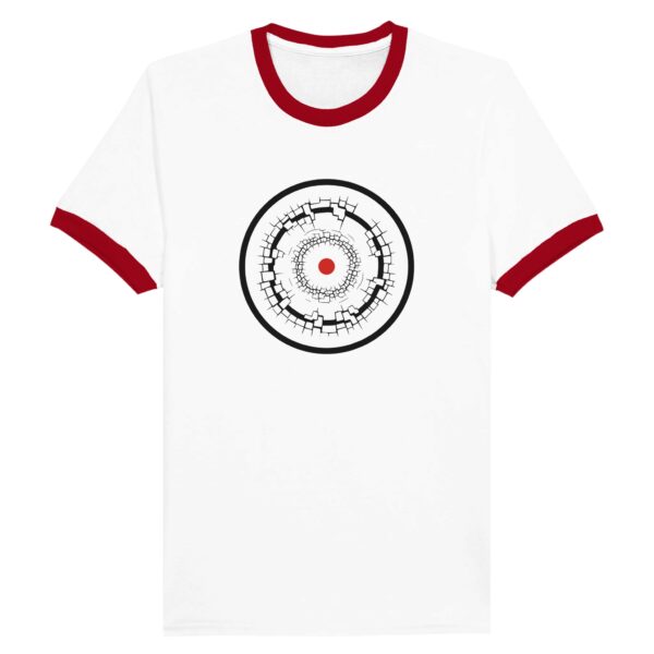 Old Self and New Self ringer T-shirt by Casual Clash in white with red collar, fractured and clean rings and a red circle