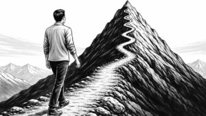 A modern figure mid-ascent toward a summit