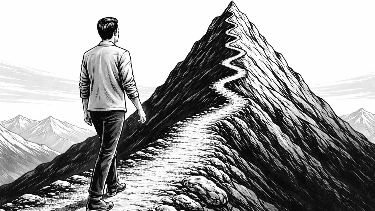 A modern figure mid-ascent toward a summit