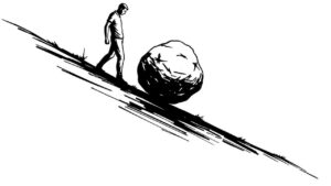 Illustration of a lone figure walking beside a large stone on a steep slope