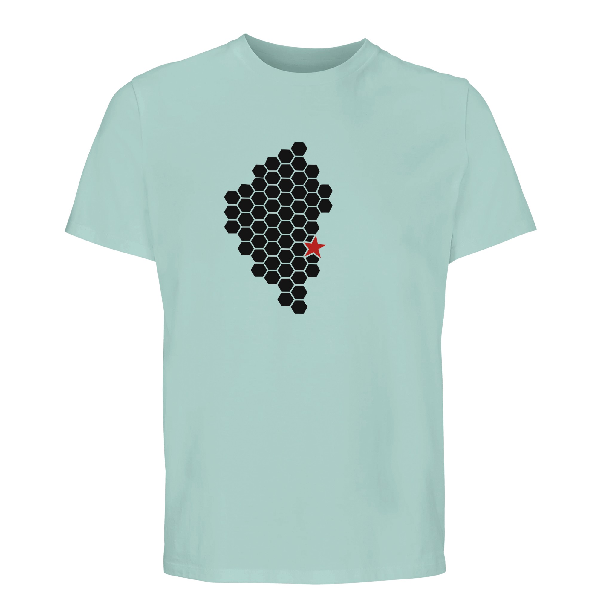 Activity // Rest – Essential T-shirt | Casual Clash Activity and Rest essential T-shirt by Casual Clash in arctic blue featuring black hexagonal pattern and red star