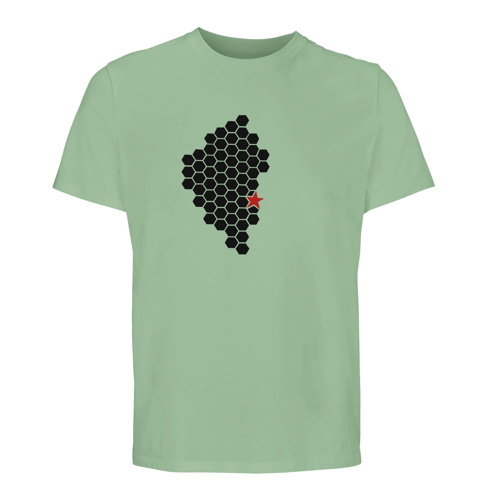 Activity // Rest – Essential T-shirt | Casual Clash Activity and Rest essential T-shirt by Casual Clash in frozen green featuring black hexagonal pattern and red star