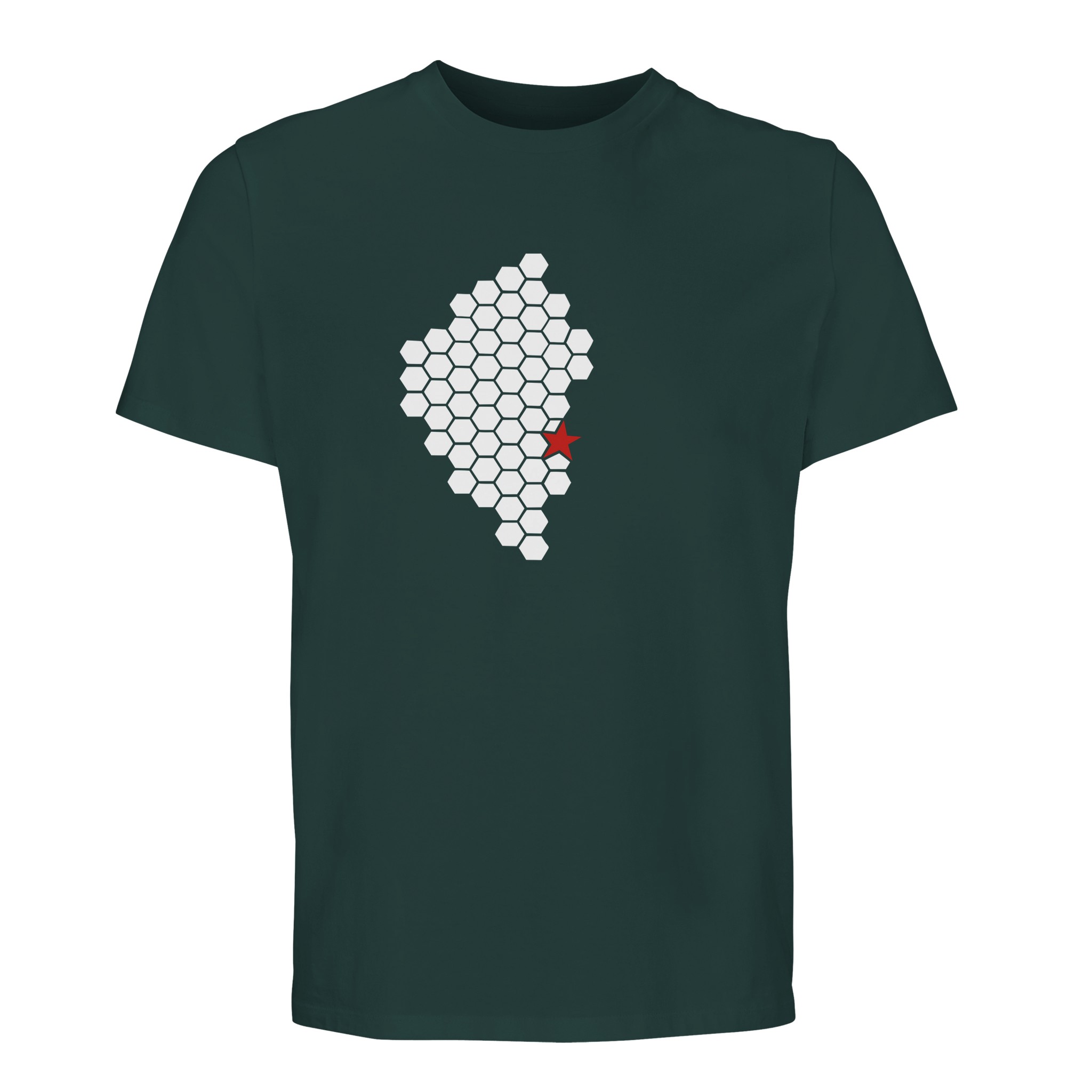 Activity // Rest – Essential T-shirt | Casual Clash Activity and Rest essential T-shirt by Casual Clash in green empire featuring white hexagonal pattern and red star