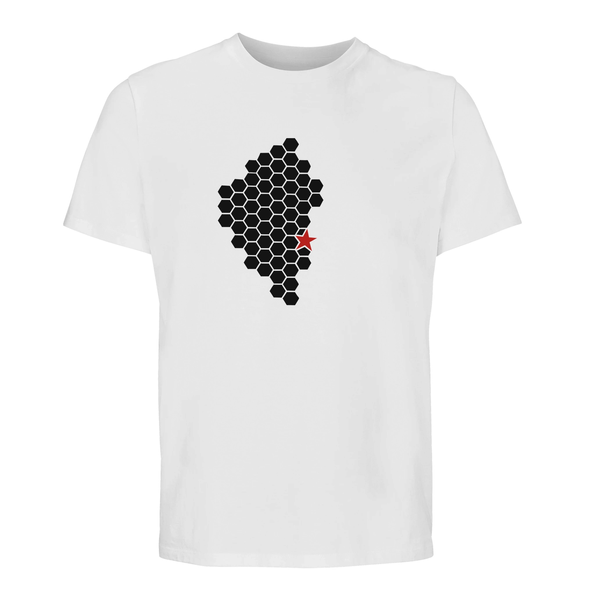Activity // Rest – Essential T-shirt | Casual Clash Activity and Rest essential T-shirt by Casual Clash in white featuring black hexagonal pattern and red star, alternate view