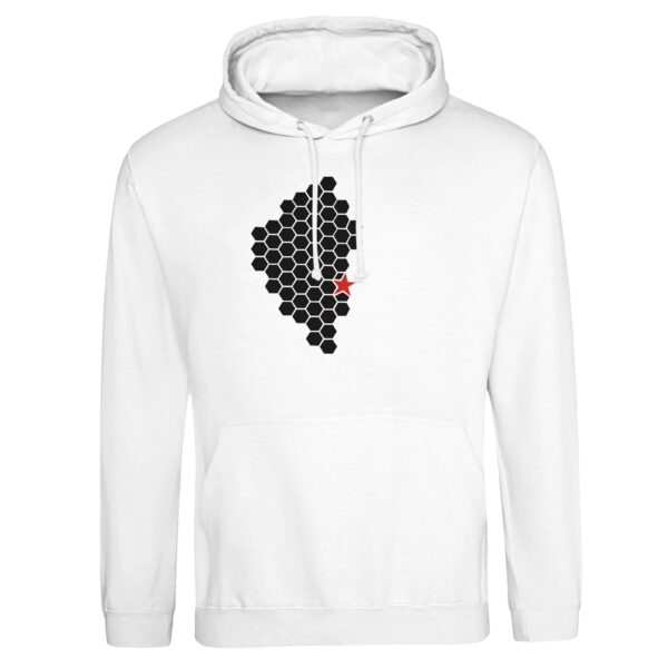 Activity and Rest pullover hoodie by Casual Clash in arctic white featuring black hexagonal pattern and red star
