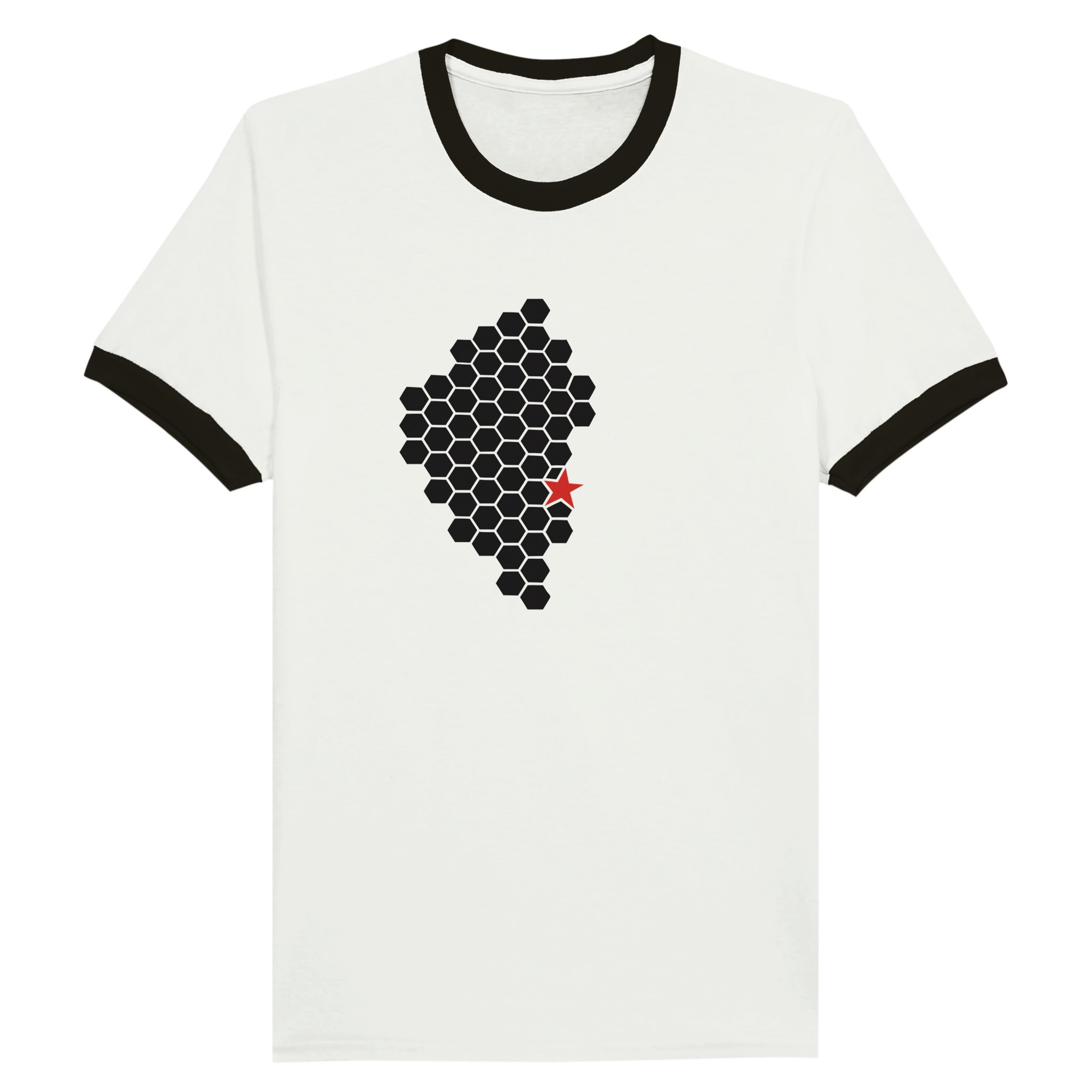 Activity // Rest – Ringer T-shirt | Casual Clash Activity and Rest ringer T-shirt by Casual Clash in white and black featuring black hexagonal pattern and red star, alternate view