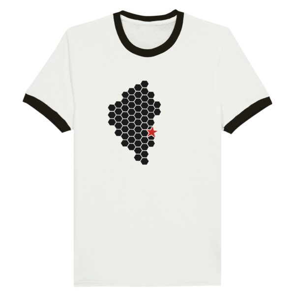 Activity and Rest ringer T-shirt by Casual Clash in white and black featuring black hexagonal pattern and red star
