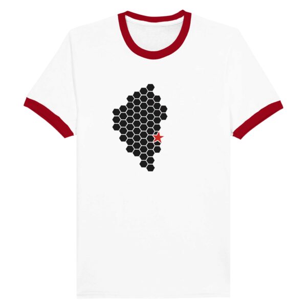 Activity and Rest ringer T-shirt by Casual Clash in white and red featuring black hexagonal pattern and red star