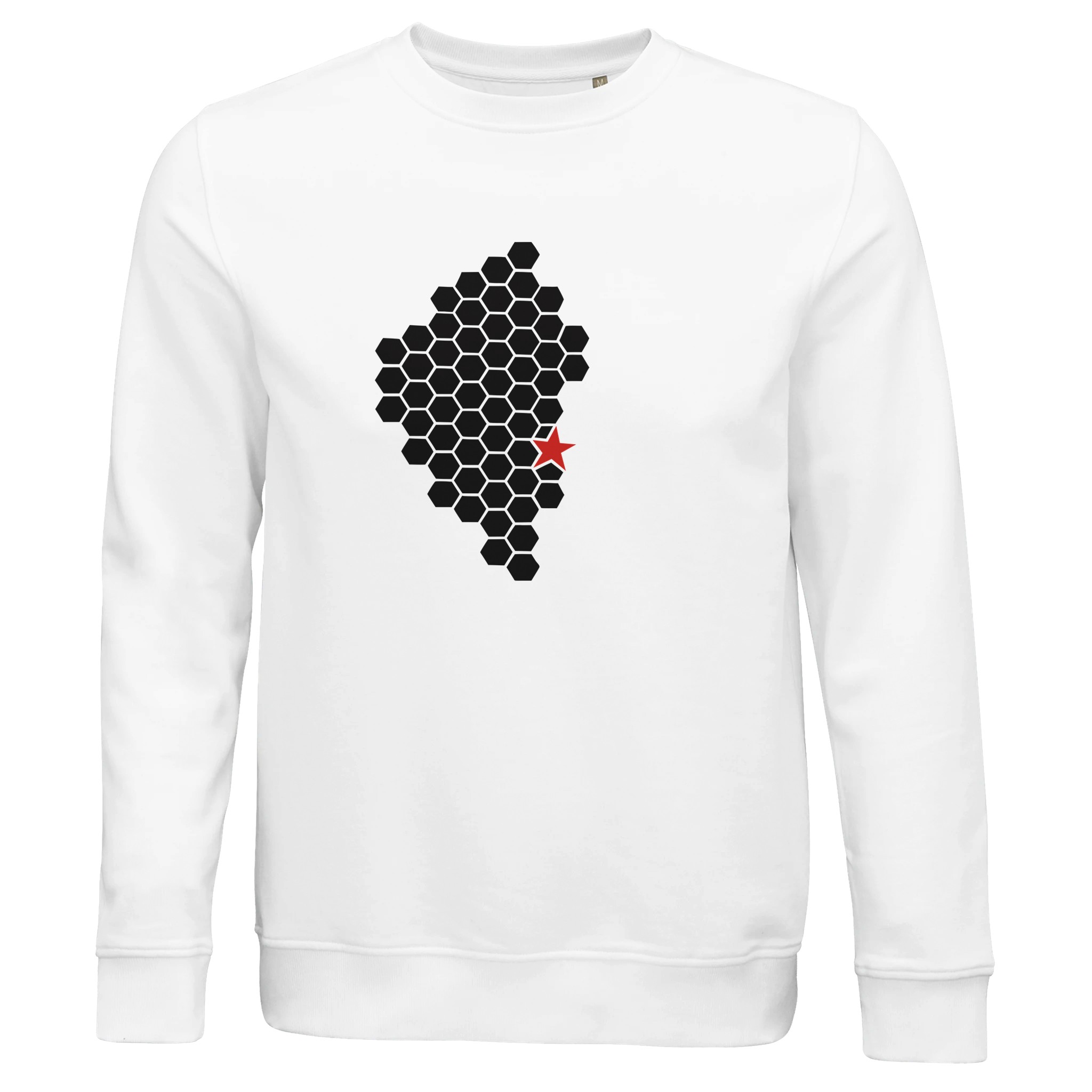 Activity and Rest sweatshirt by Casual Clash in white featuring black hexagonal pattern and red star