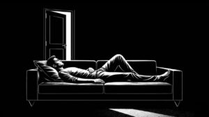 Black and white image of a man lying awake on a couch in a dark room, unable to sleep
