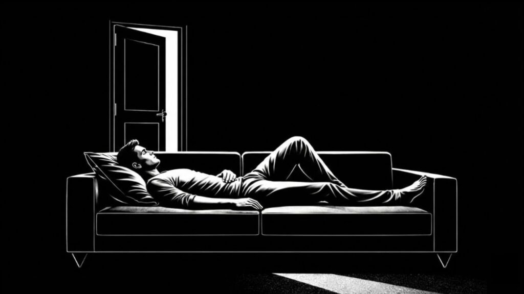 Black and white image of a man lying awake on a couch in a dark room, unable to sleep