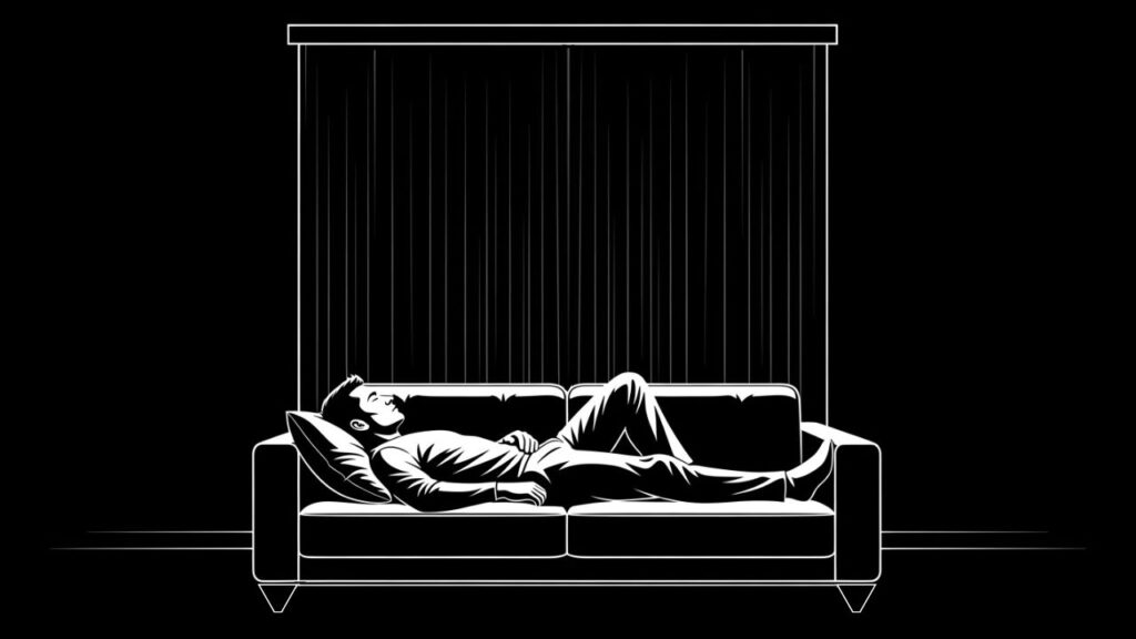 Black and white image of a man lying awake on a couch at night, unable to sleep
