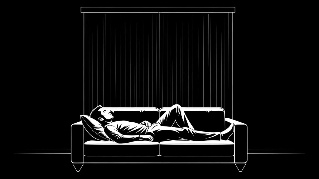 Black and white image of a man lying awake on a couch at night, unable to sleep