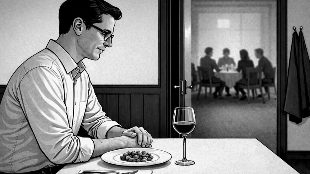 Modern man sitting at a table set for one, while a dinner party gathers in another room